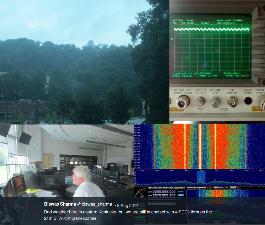 Screenshot of a tweet posted on 8 August 2014 during ISEE-3 telemetry exchange. Top left: MSU 21-m STA as seen from the control room. Top and bottom right: ISEE-3 signals detected by the STA. Bottom left: Bob Kroll tracking the satellite from the control room at the MSU Space Science Center